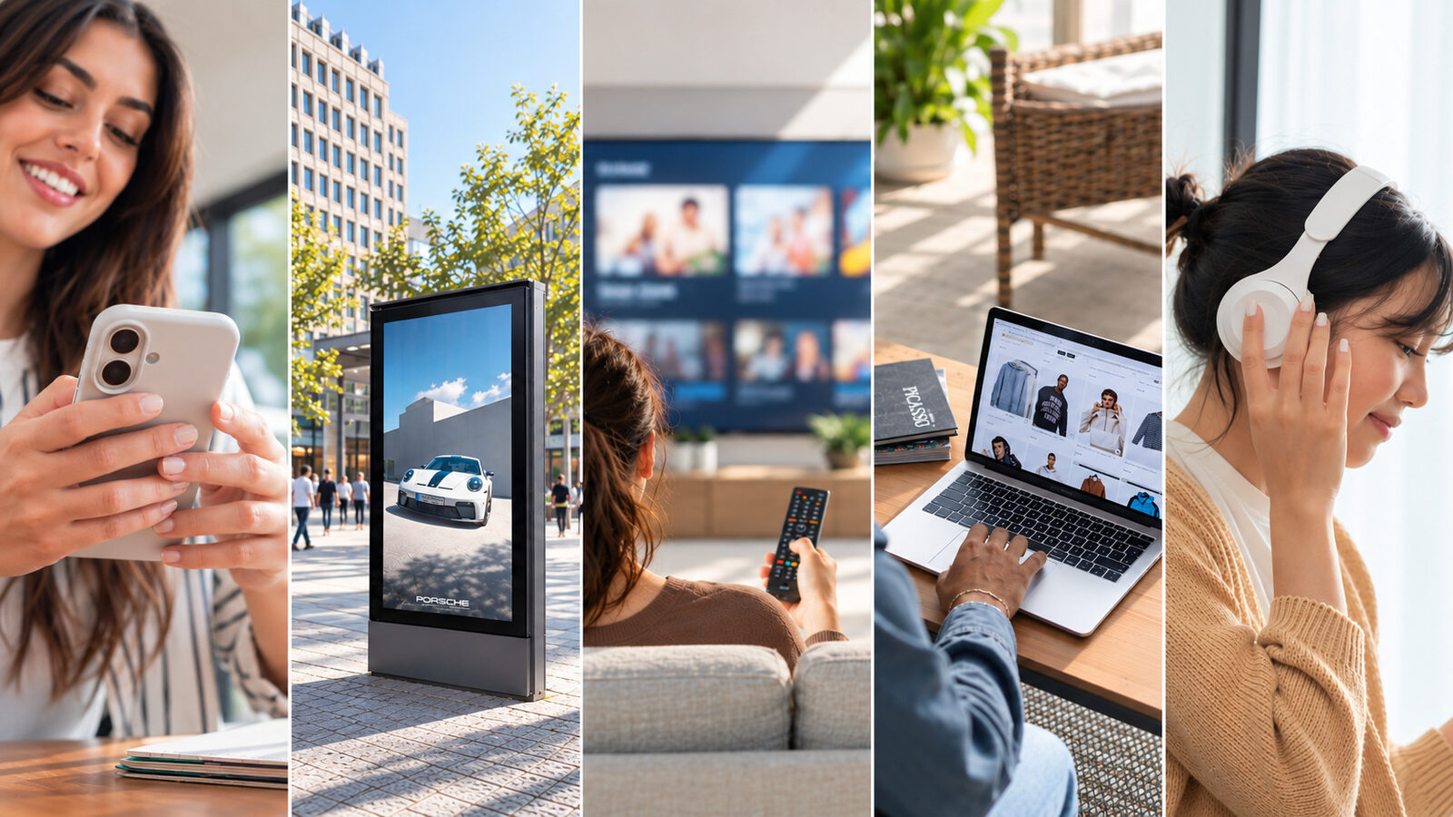 Alltagsmomente mit Programmatic Advertising auf Smartphone, Straßenscreen, Connected TV, Laptop und Kopfhörern
